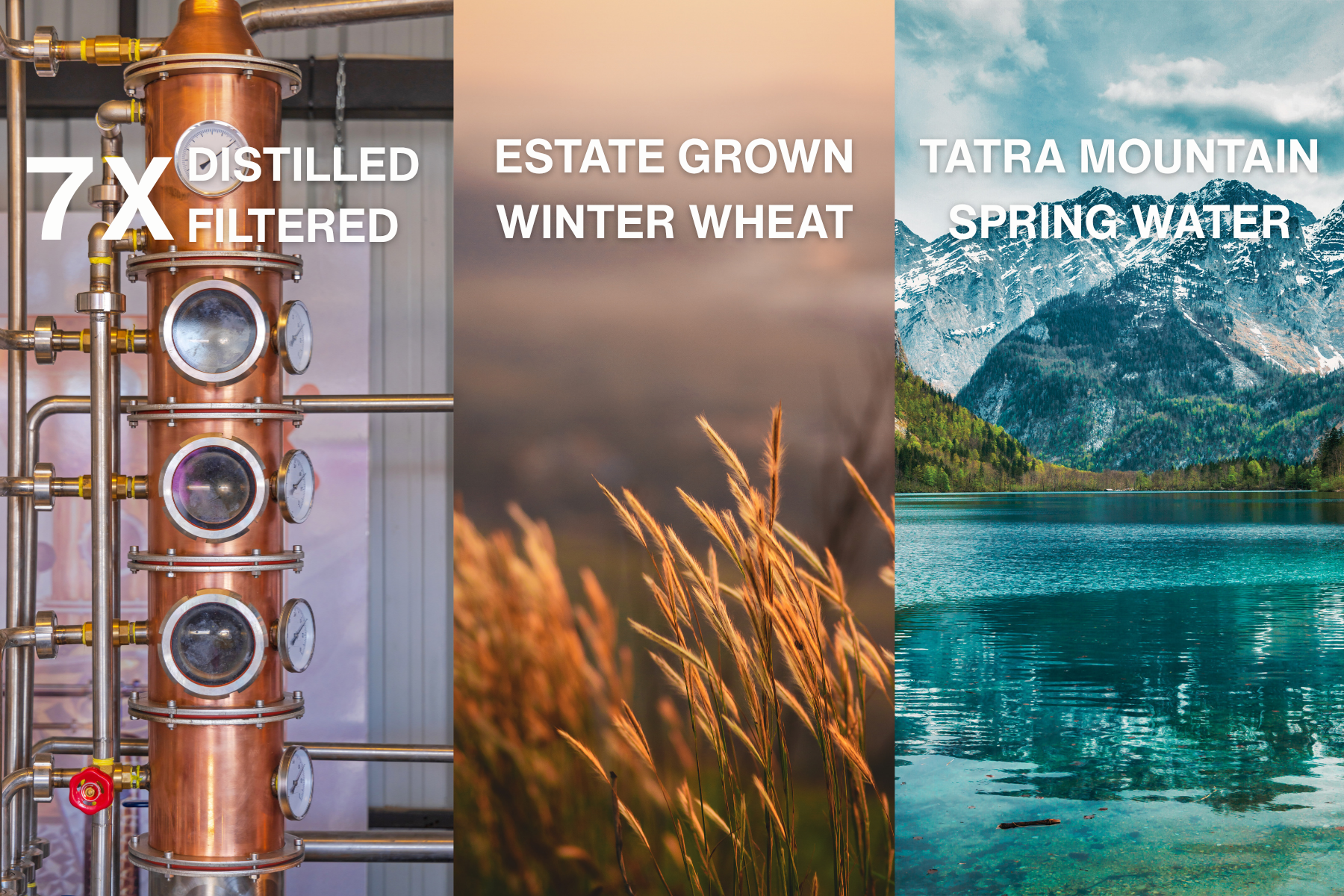 7x distilled and filtered, estate-grown winter wheat, Tatra Mountain spring water